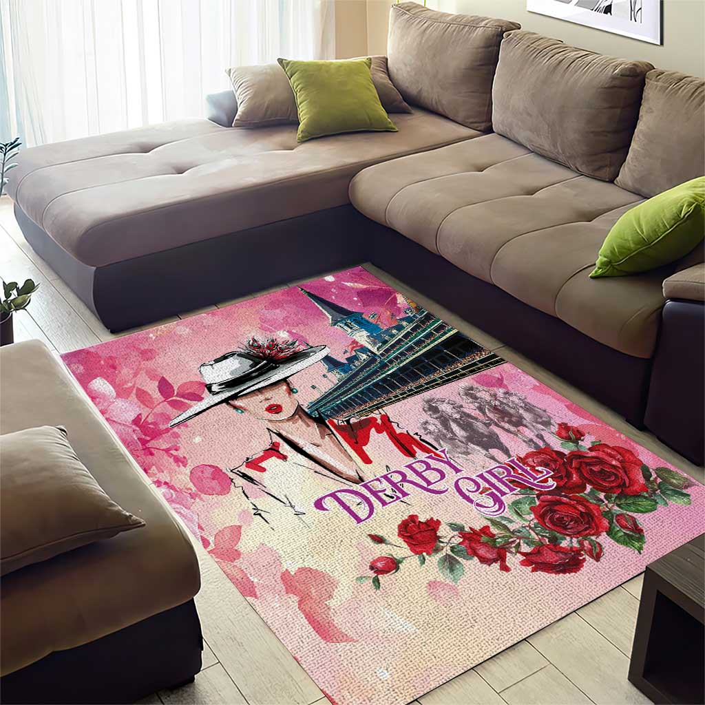 Kentucky Horses Racing Area Rug Churchill Downs Derby Girl Watercolor Style