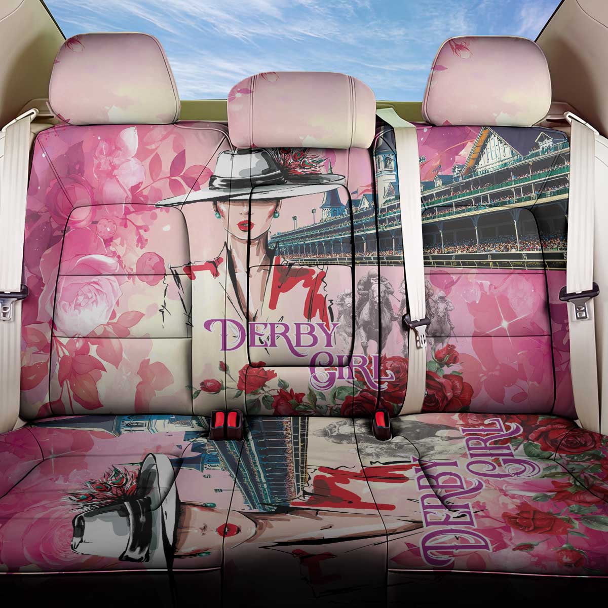 Kentucky Horses Racing Back Car Seat Cover Churchill Downs Derby Girl Watercolor Style
