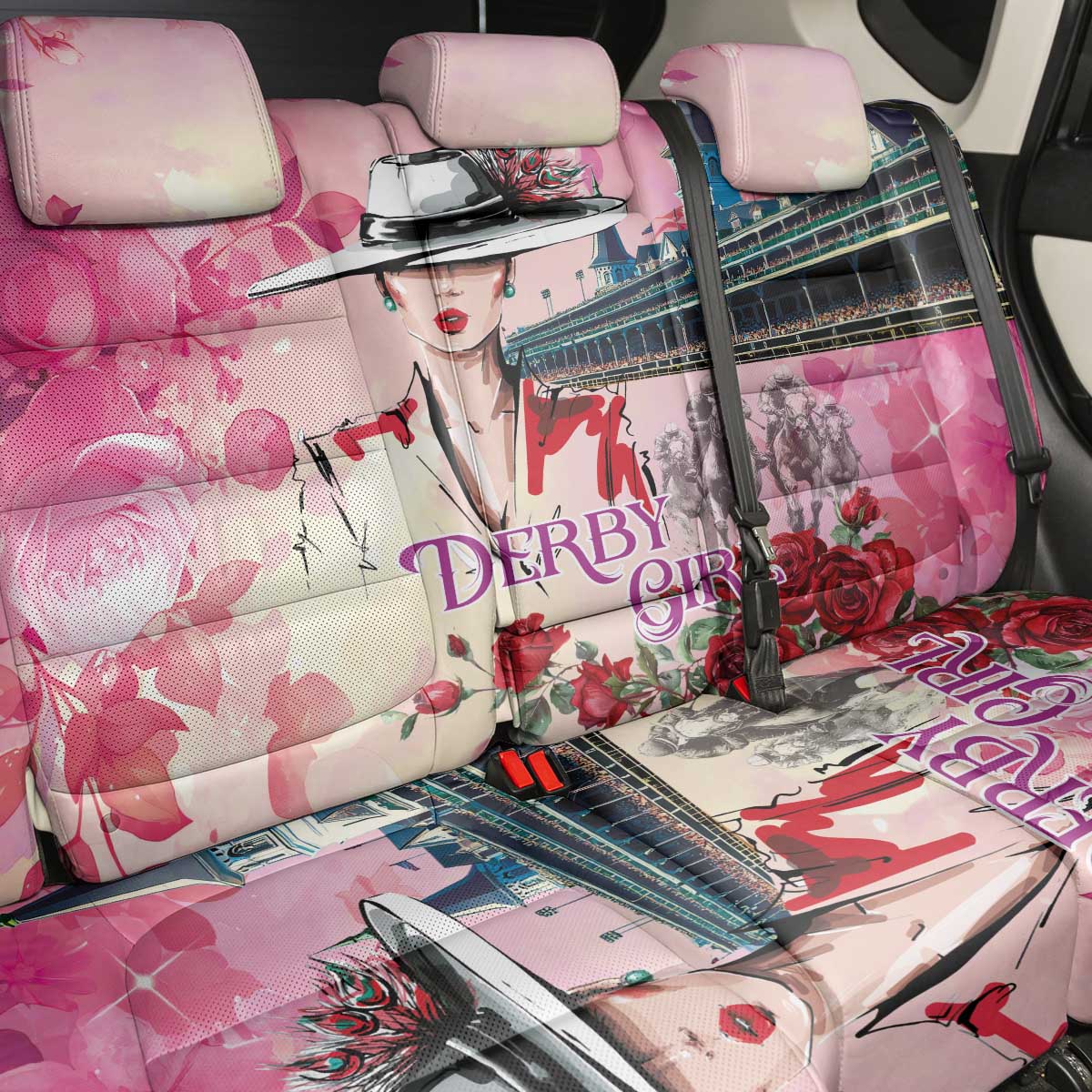 Kentucky Horses Racing Back Car Seat Cover Churchill Downs Derby Girl Watercolor Style