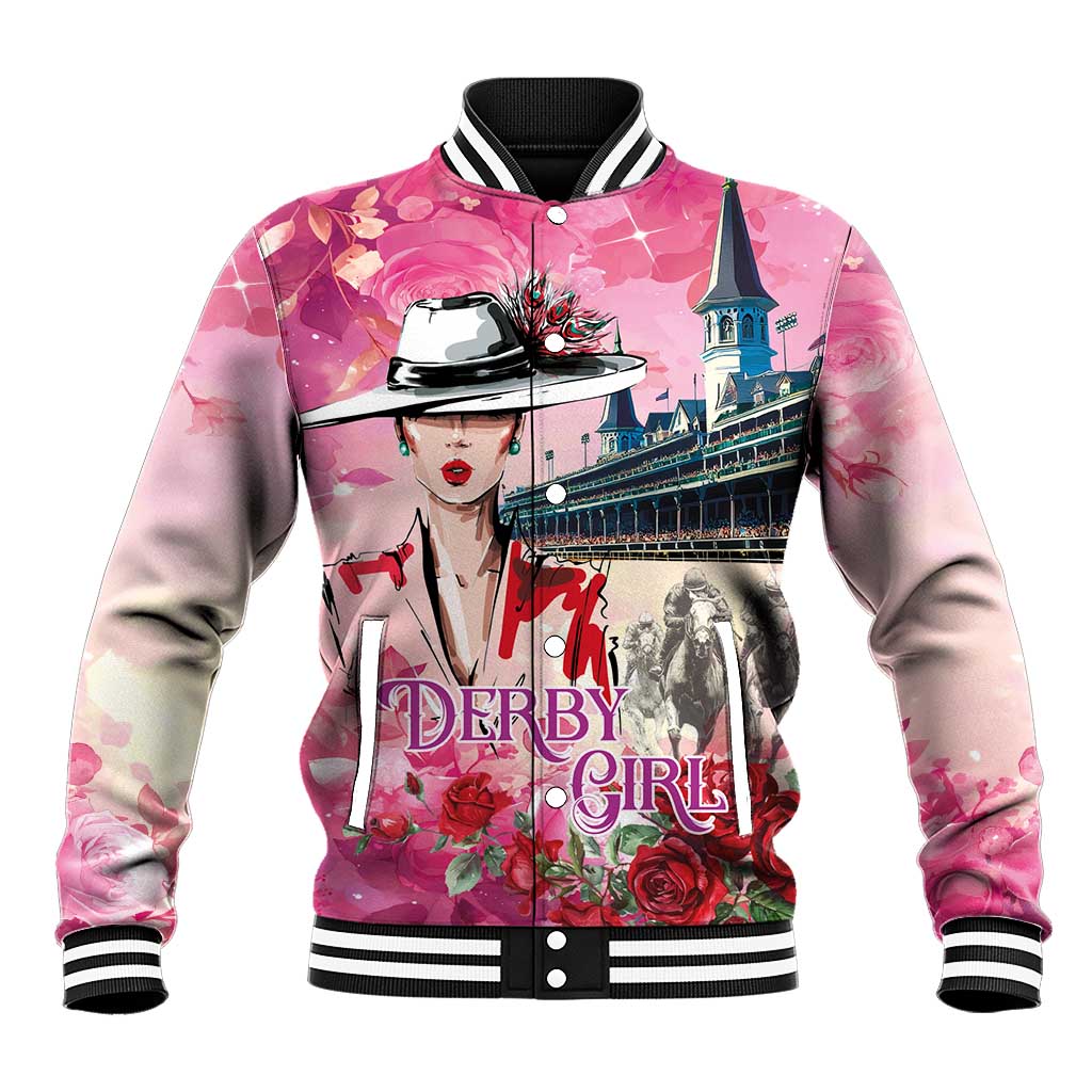 Kentucky Horses Racing Baseball Jacket Churchill Downs Derby Girl Watercolor Style