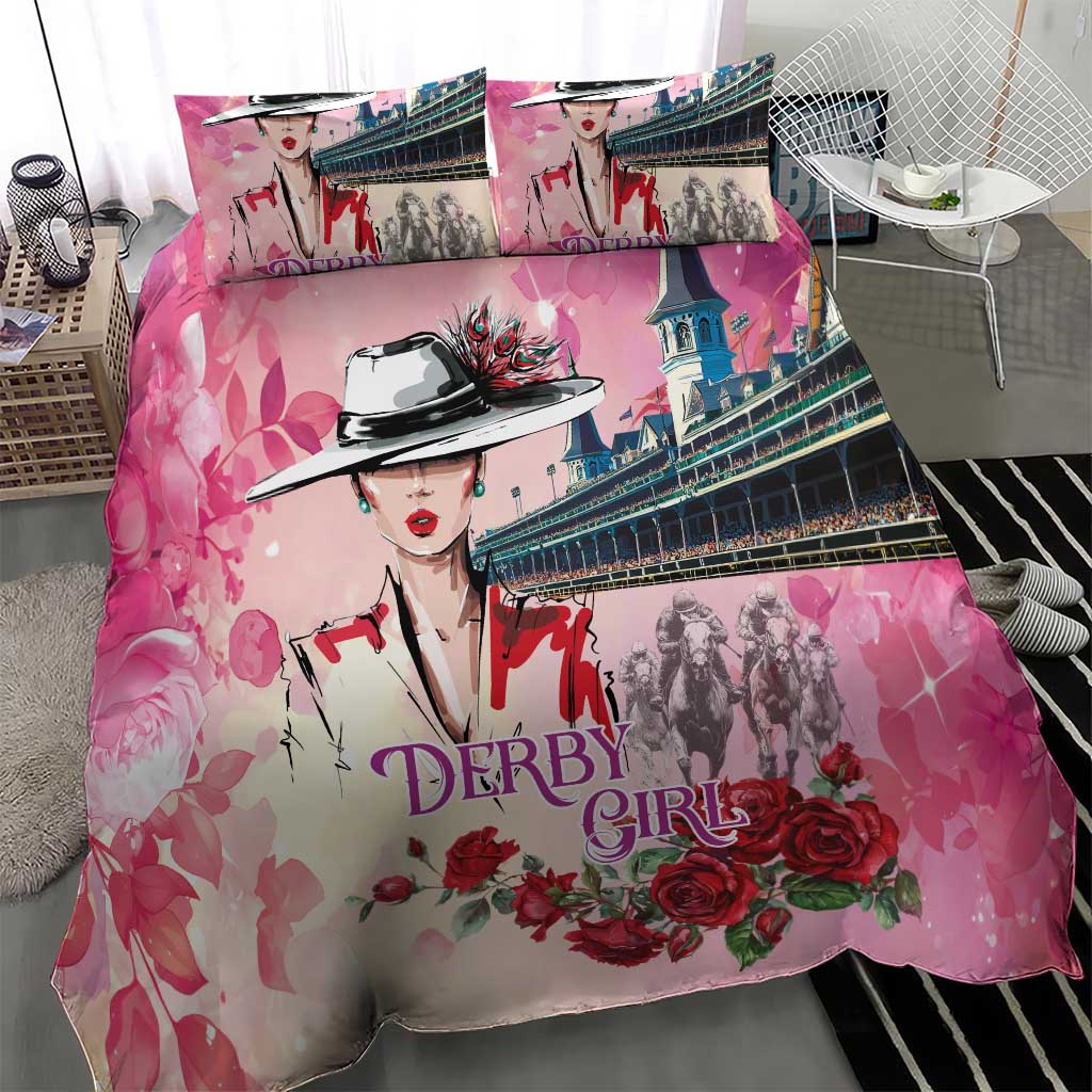 Kentucky Horses Racing Bedding Set Churchill Downs Derby Girl Watercolor Style