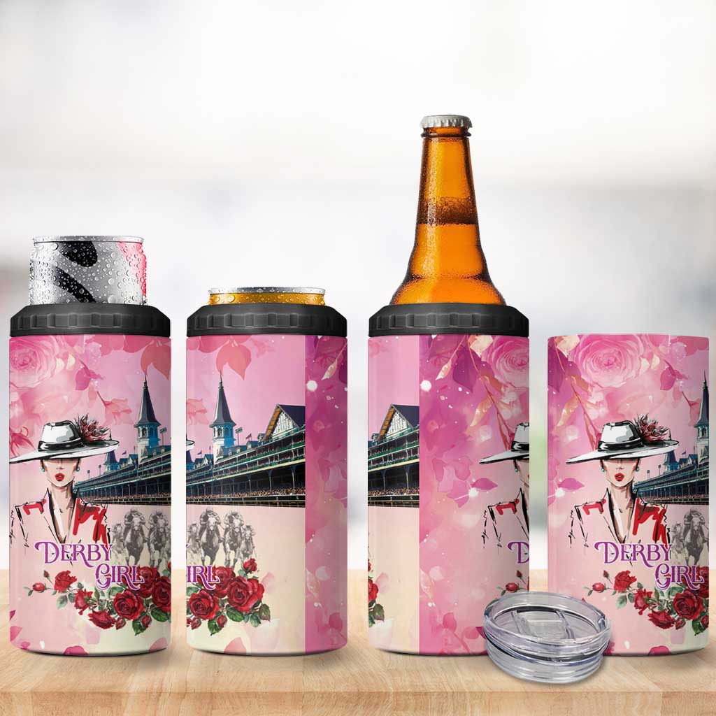 Kentucky Horses Racing 4 in 1 Can Cooler Tumbler Churchill Downs Derby Girl Watercolor Style