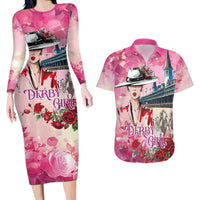 Kentucky Horses Racing Couples Matching Long Sleeve Bodycon Dress and Hawaiian Shirt Churchill Downs Derby Girl Watercolor Style