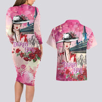 Kentucky Horses Racing Couples Matching Long Sleeve Bodycon Dress and Hawaiian Shirt Churchill Downs Derby Girl Watercolor Style