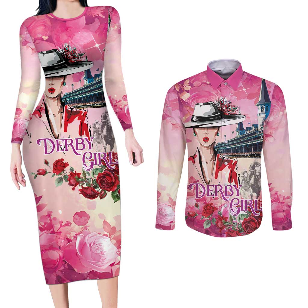 Kentucky Horses Racing Couples Matching Long Sleeve Bodycon Dress and Long Sleeve Button Shirt Churchill Downs Derby Girl Watercolor Style