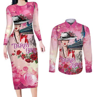 Kentucky Horses Racing Couples Matching Long Sleeve Bodycon Dress and Long Sleeve Button Shirt Churchill Downs Derby Girl Watercolor Style