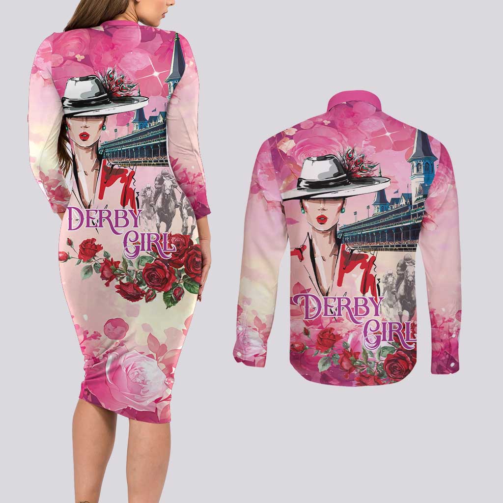 Kentucky Horses Racing Couples Matching Long Sleeve Bodycon Dress and Long Sleeve Button Shirt Churchill Downs Derby Girl Watercolor Style