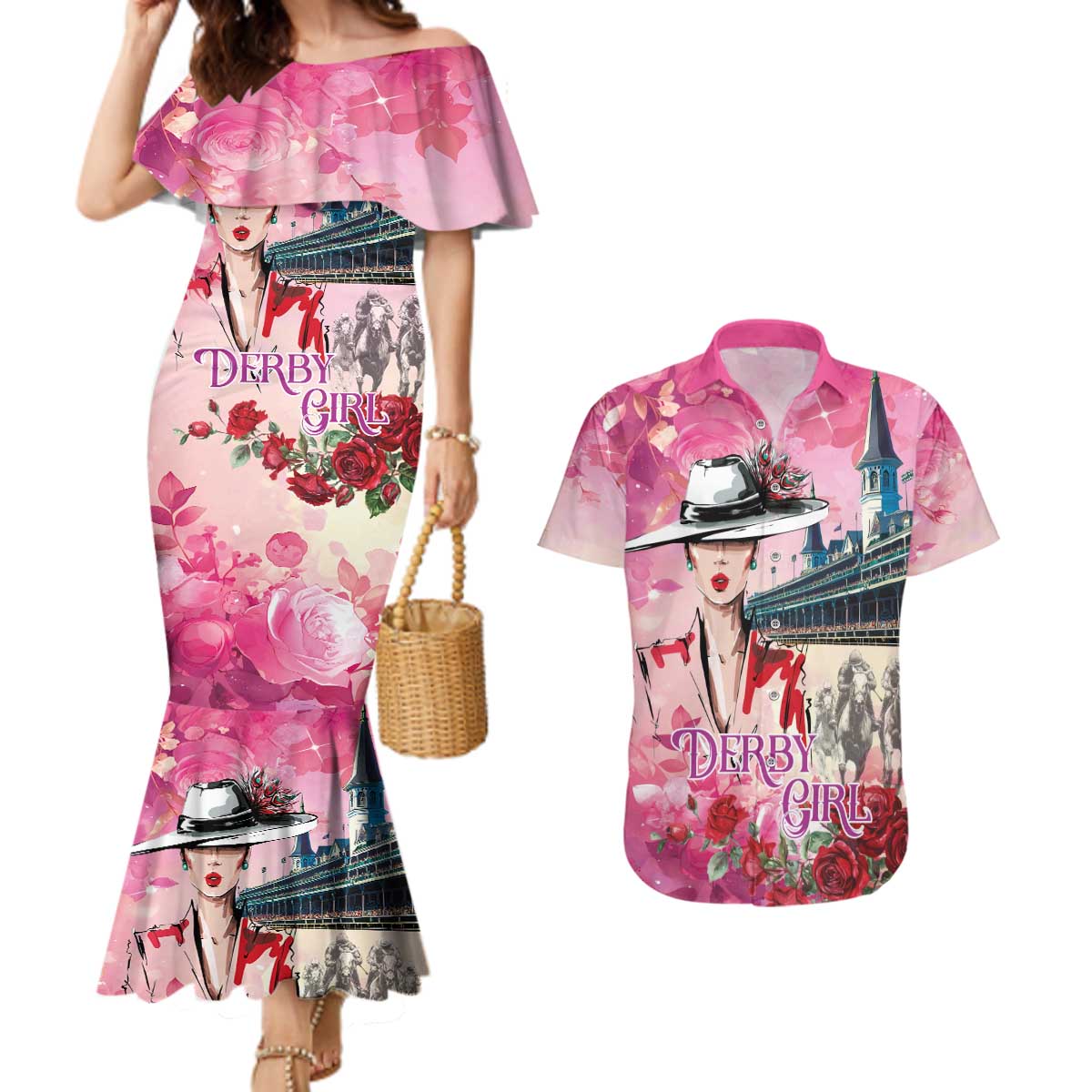 Kentucky Horses Racing Couples Matching Mermaid Dress and Hawaiian Shirt Churchill Downs Derby Girl Watercolor Style