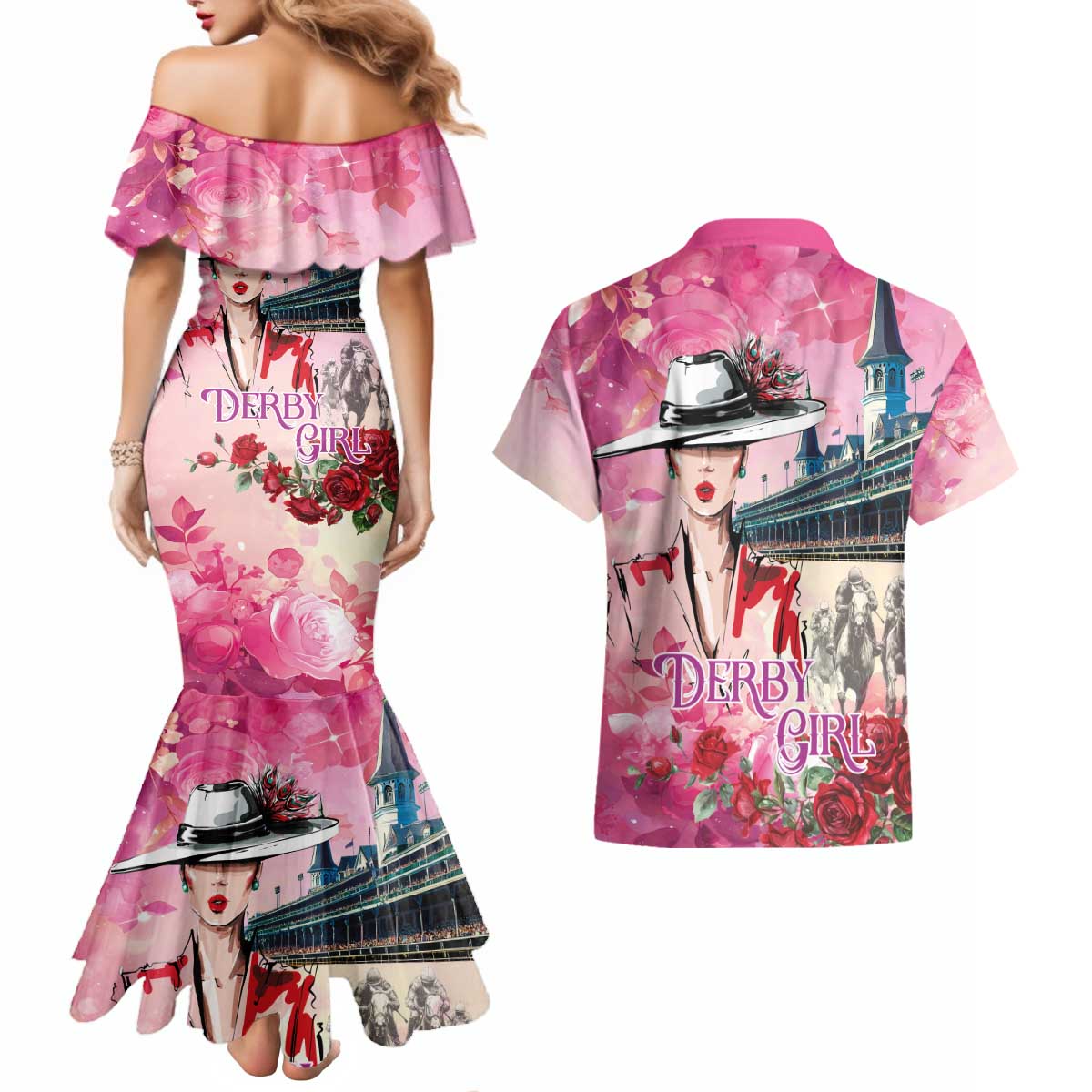 Kentucky Horses Racing Couples Matching Mermaid Dress and Hawaiian Shirt Churchill Downs Derby Girl Watercolor Style