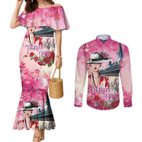 Kentucky Horses Racing Couples Matching Mermaid Dress and Long Sleeve Button Shirt Churchill Downs Derby Girl Watercolor Style
