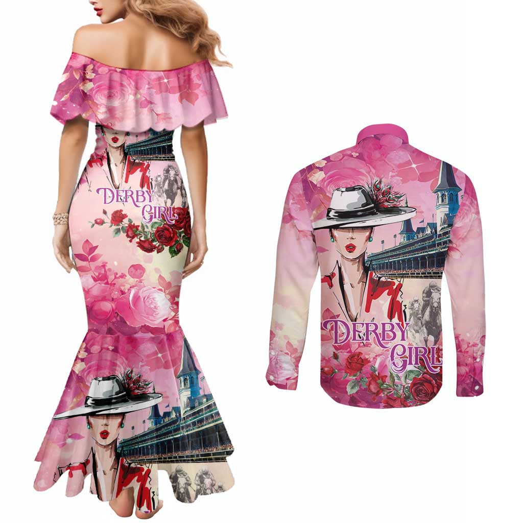 Kentucky Horses Racing Couples Matching Mermaid Dress and Long Sleeve Button Shirt Churchill Downs Derby Girl Watercolor Style
