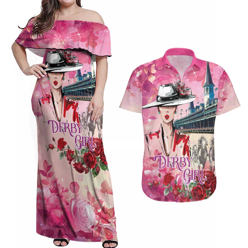 Kentucky Horses Racing Couples Matching Off Shoulder Maxi Dress and Hawaiian Shirt Churchill Downs Derby Girl Watercolor Style