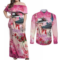 Kentucky Horses Racing Couples Matching Off Shoulder Maxi Dress and Long Sleeve Button Shirt Churchill Downs Derby Girl Watercolor Style