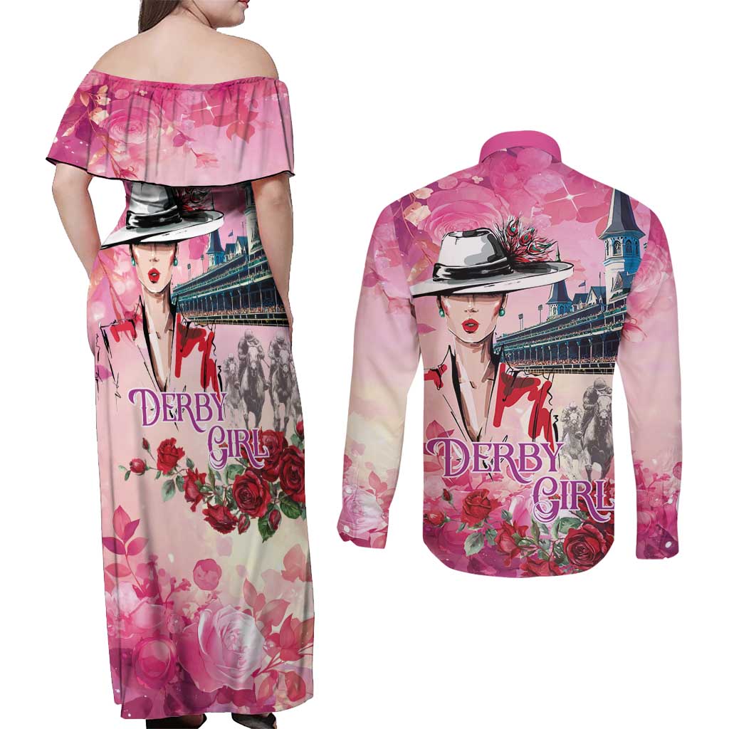 Kentucky Horses Racing Couples Matching Off Shoulder Maxi Dress and Long Sleeve Button Shirt Churchill Downs Derby Girl Watercolor Style