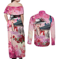 Kentucky Horses Racing Couples Matching Off Shoulder Maxi Dress and Long Sleeve Button Shirt Churchill Downs Derby Girl Watercolor Style