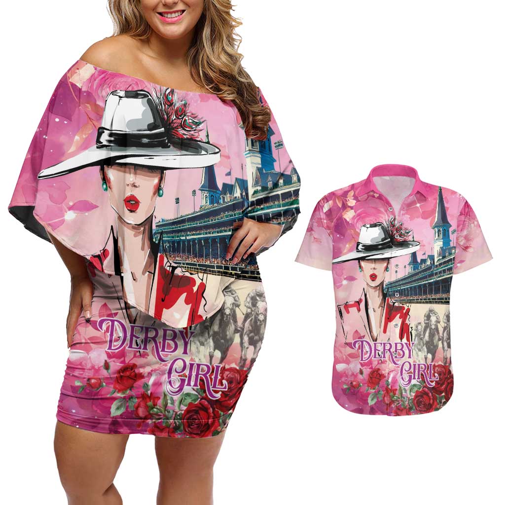 Kentucky Horses Racing Couples Matching Off Shoulder Short Dress and Hawaiian Shirt Churchill Downs Derby Girl Watercolor Style