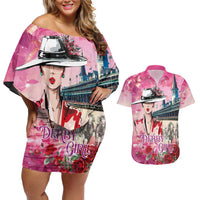 Kentucky Horses Racing Couples Matching Off Shoulder Short Dress and Hawaiian Shirt Churchill Downs Derby Girl Watercolor Style