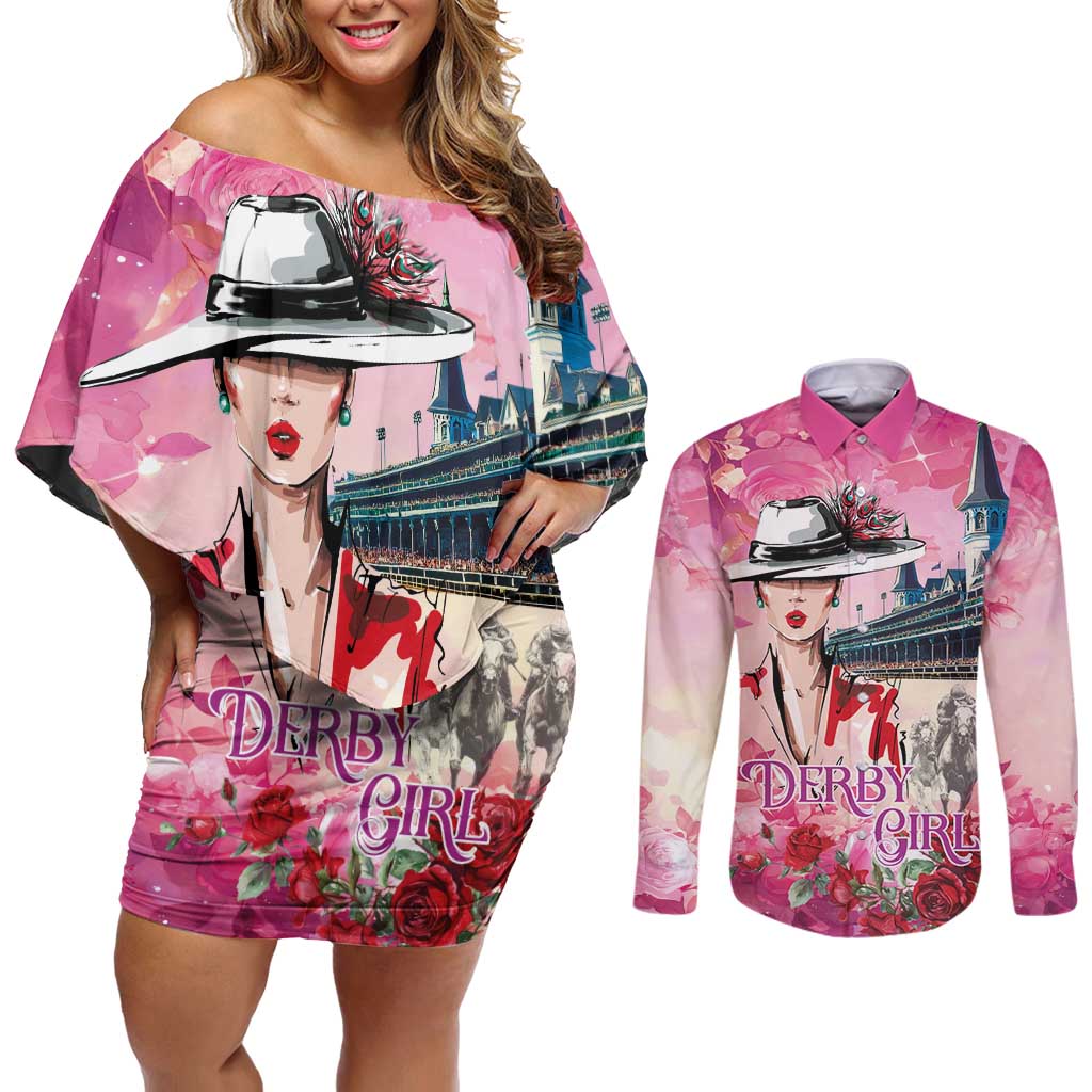 Kentucky Horses Racing Couples Matching Off Shoulder Short Dress and Long Sleeve Button Shirt Churchill Downs Derby Girl Watercolor Style