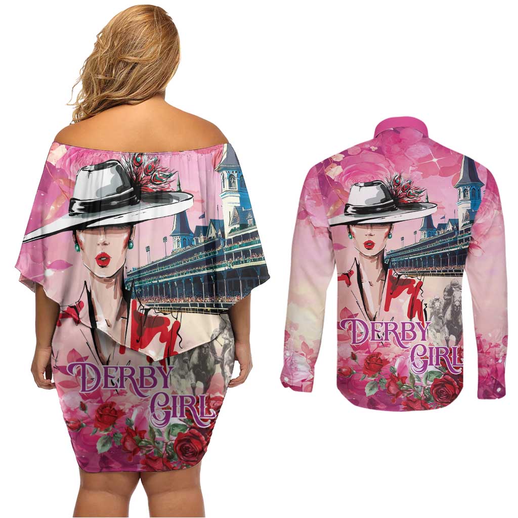 Kentucky Horses Racing Couples Matching Off Shoulder Short Dress and Long Sleeve Button Shirt Churchill Downs Derby Girl Watercolor Style