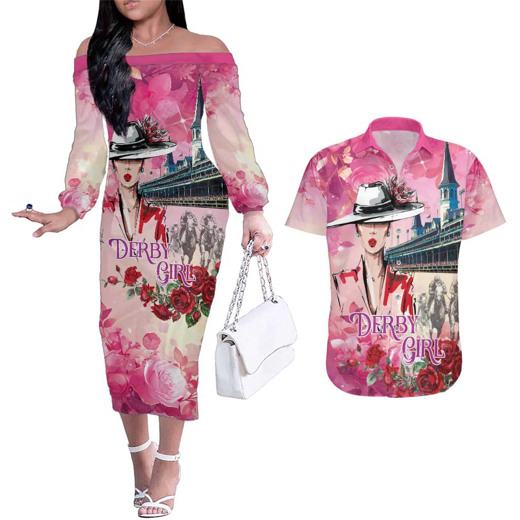 Kentucky Horses Racing Couples Matching Off The Shoulder Long Sleeve Dress and Hawaiian Shirt Churchill Downs Derby Girl Watercolor Style