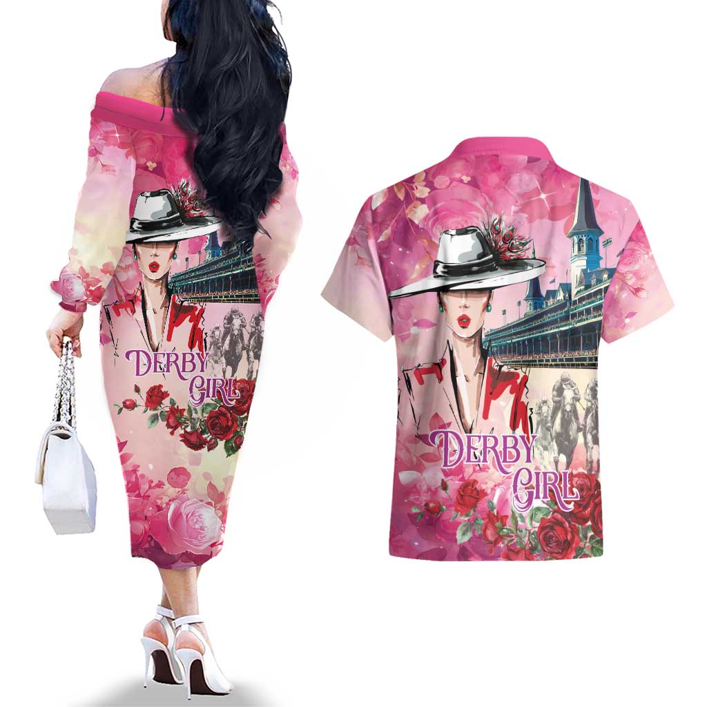 Kentucky Horses Racing Couples Matching Off The Shoulder Long Sleeve Dress and Hawaiian Shirt Churchill Downs Derby Girl Watercolor Style