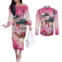 Kentucky Horses Racing Couples Matching Off The Shoulder Long Sleeve Dress and Long Sleeve Button Shirt Churchill Downs Derby Girl Watercolor Style