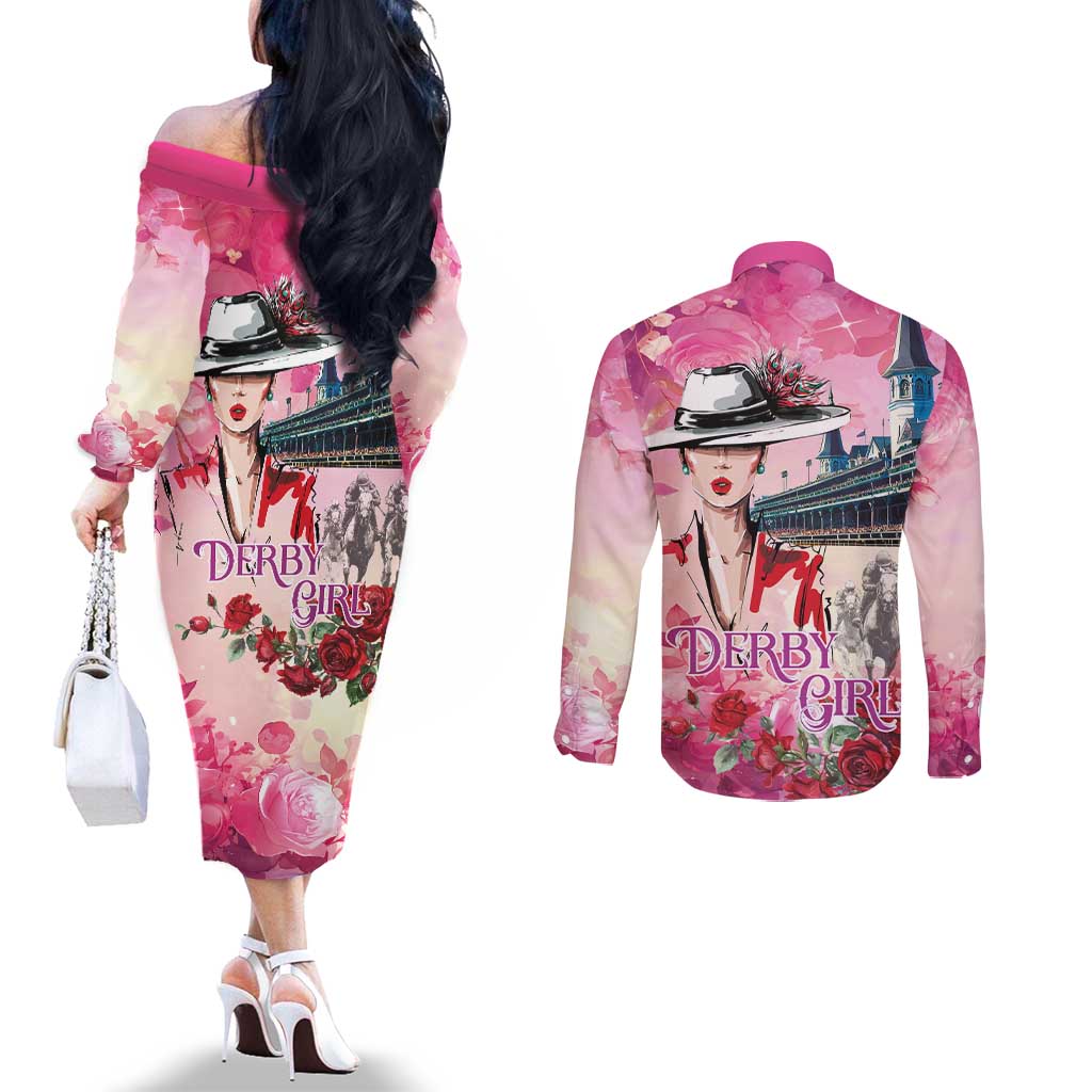 Kentucky Horses Racing Couples Matching Off The Shoulder Long Sleeve Dress and Long Sleeve Button Shirt Churchill Downs Derby Girl Watercolor Style