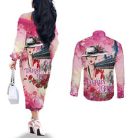 Kentucky Horses Racing Couples Matching Off The Shoulder Long Sleeve Dress and Long Sleeve Button Shirt Churchill Downs Derby Girl Watercolor Style