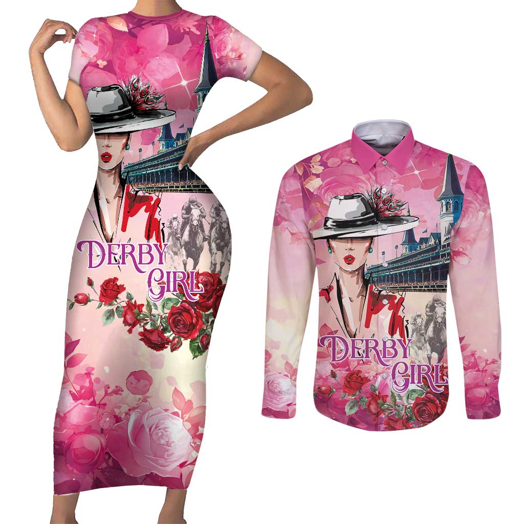 Kentucky Horses Racing Couples Matching Short Sleeve Bodycon Dress and Long Sleeve Button Shirt Churchill Downs Derby Girl Watercolor Style