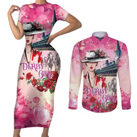 Kentucky Horses Racing Couples Matching Short Sleeve Bodycon Dress and Long Sleeve Button Shirt Churchill Downs Derby Girl Watercolor Style