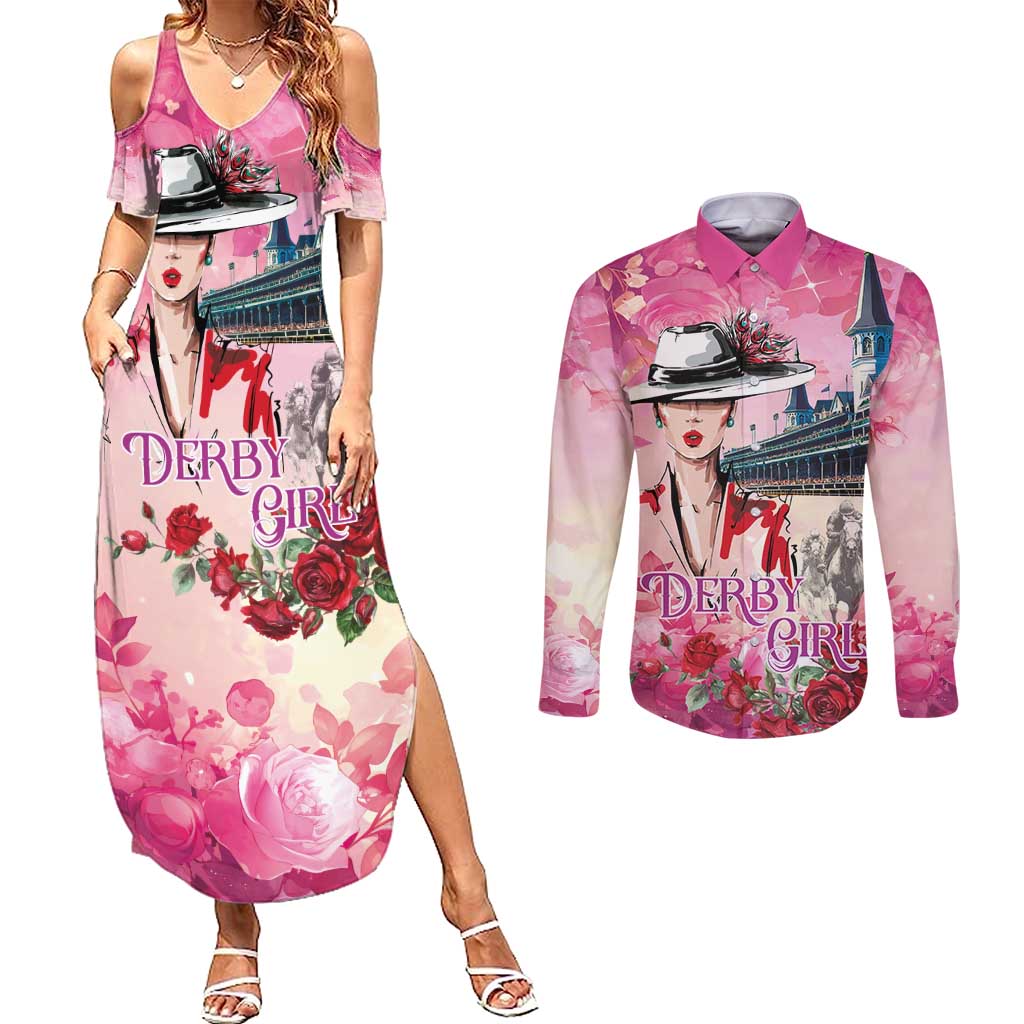 Kentucky Horses Racing Couples Matching Summer Maxi Dress and Long Sleeve Button Shirt Churchill Downs Derby Girl Watercolor Style