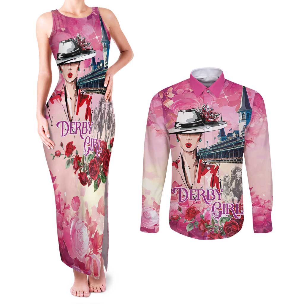Kentucky Horses Racing Couples Matching Tank Maxi Dress and Long Sleeve Button Shirt Churchill Downs Derby Girl Watercolor Style