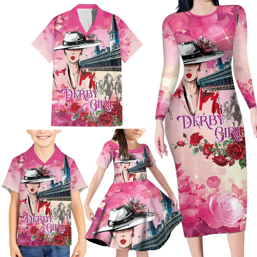 Kentucky Horses Racing Family Matching Long Sleeve Bodycon Dress and Hawaiian Shirt Churchill Downs Derby Girl Watercolor Style