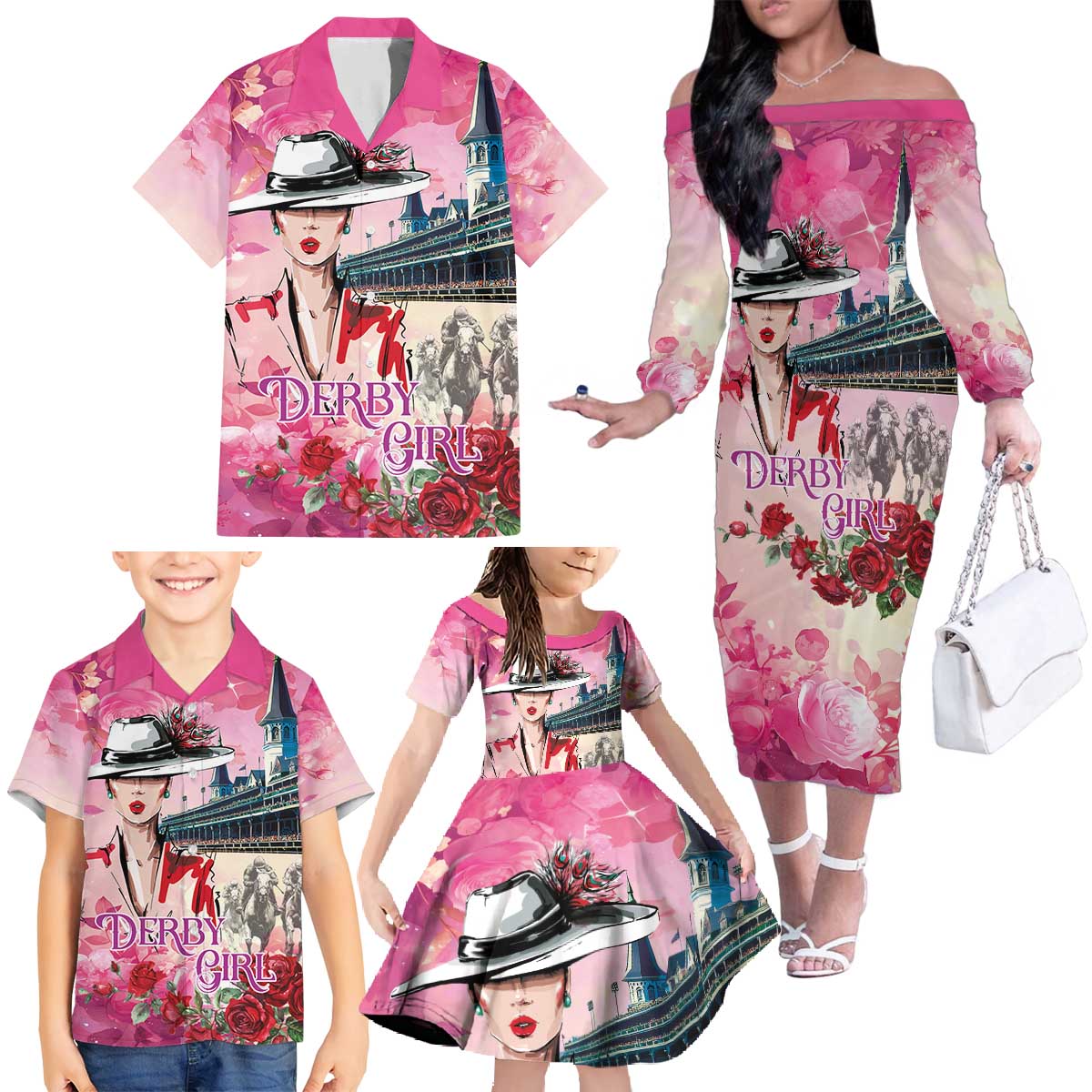 Kentucky Horses Racing Family Matching Off The Shoulder Long Sleeve Dress and Hawaiian Shirt Churchill Downs Derby Girl Watercolor Style