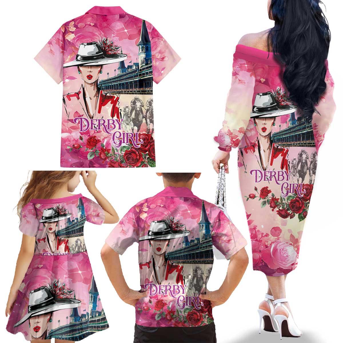 Kentucky Horses Racing Family Matching Off The Shoulder Long Sleeve Dress and Hawaiian Shirt Churchill Downs Derby Girl Watercolor Style