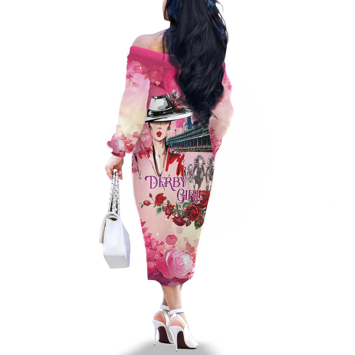 Kentucky Horses Racing Family Matching Off The Shoulder Long Sleeve Dress and Hawaiian Shirt Churchill Downs Derby Girl Watercolor Style