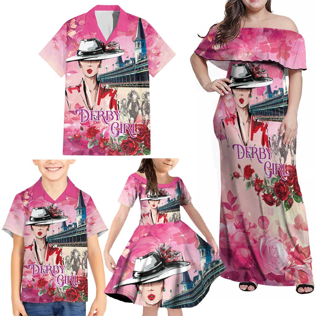 Kentucky Horses Racing Family Matching Off Shoulder Maxi Dress and Hawaiian Shirt Churchill Downs Derby Girl Watercolor Style