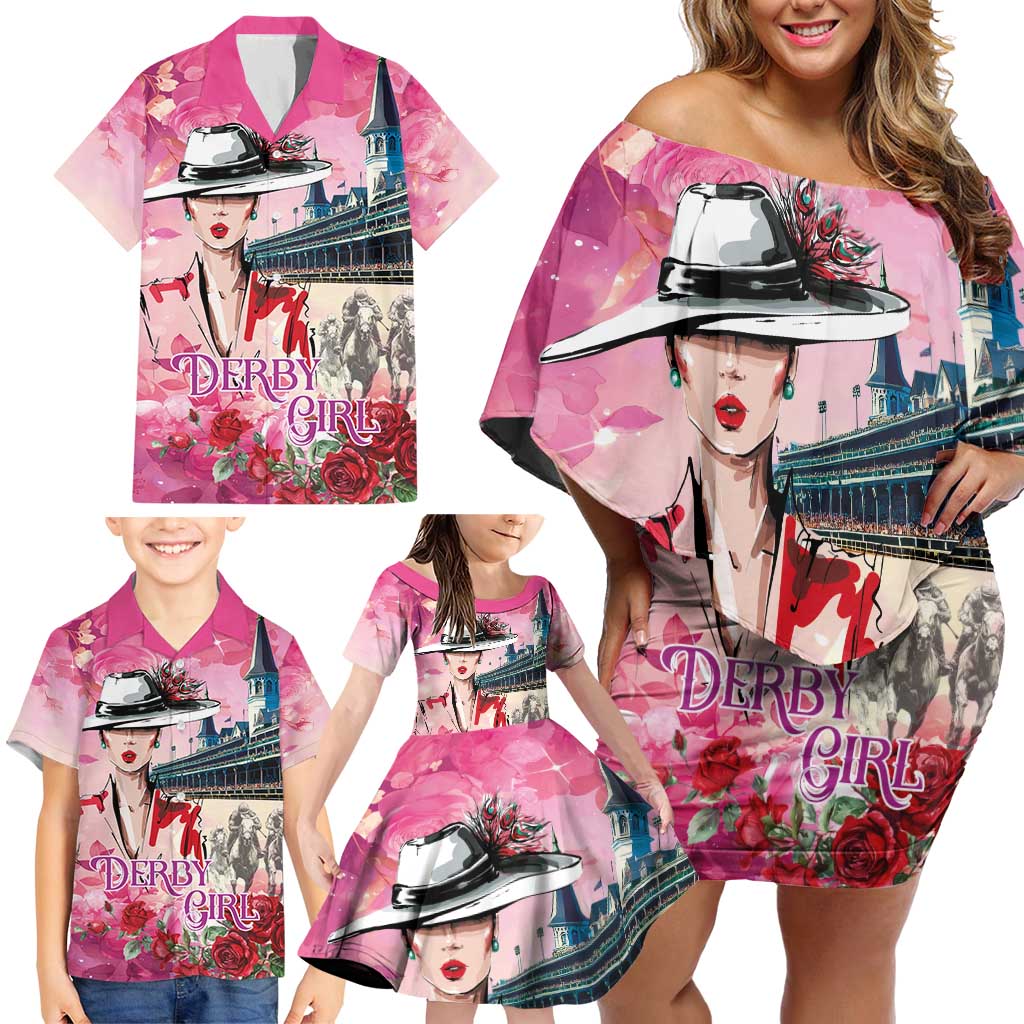 Kentucky Horses Racing Family Matching Off Shoulder Short Dress and Hawaiian Shirt Churchill Downs Derby Girl Watercolor Style