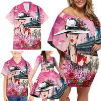 Kentucky Horses Racing Family Matching Off Shoulder Short Dress and Hawaiian Shirt Churchill Downs Derby Girl Watercolor Style