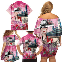 Kentucky Horses Racing Family Matching Off Shoulder Short Dress and Hawaiian Shirt Churchill Downs Derby Girl Watercolor Style