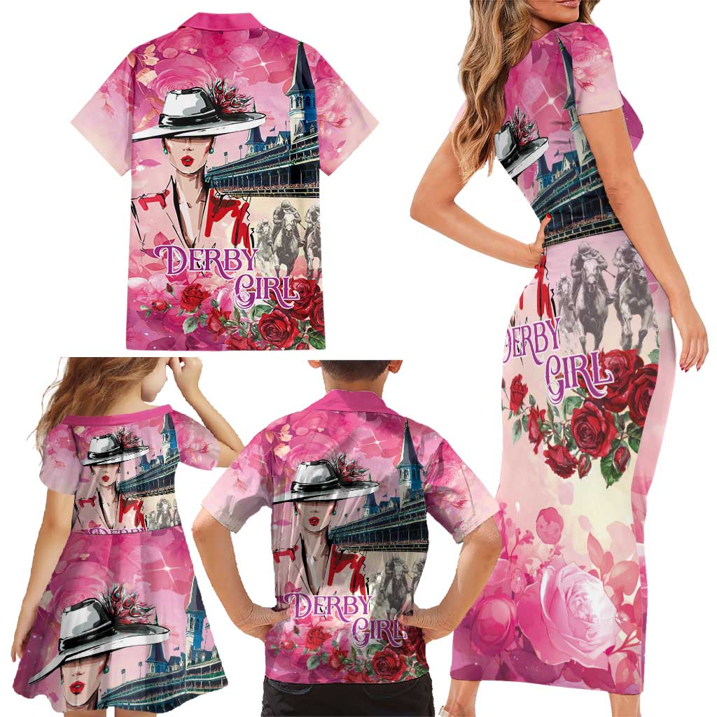 Kentucky Horses Racing Family Matching Short Sleeve Bodycon Dress and Hawaiian Shirt Churchill Downs Derby Girl Watercolor Style
