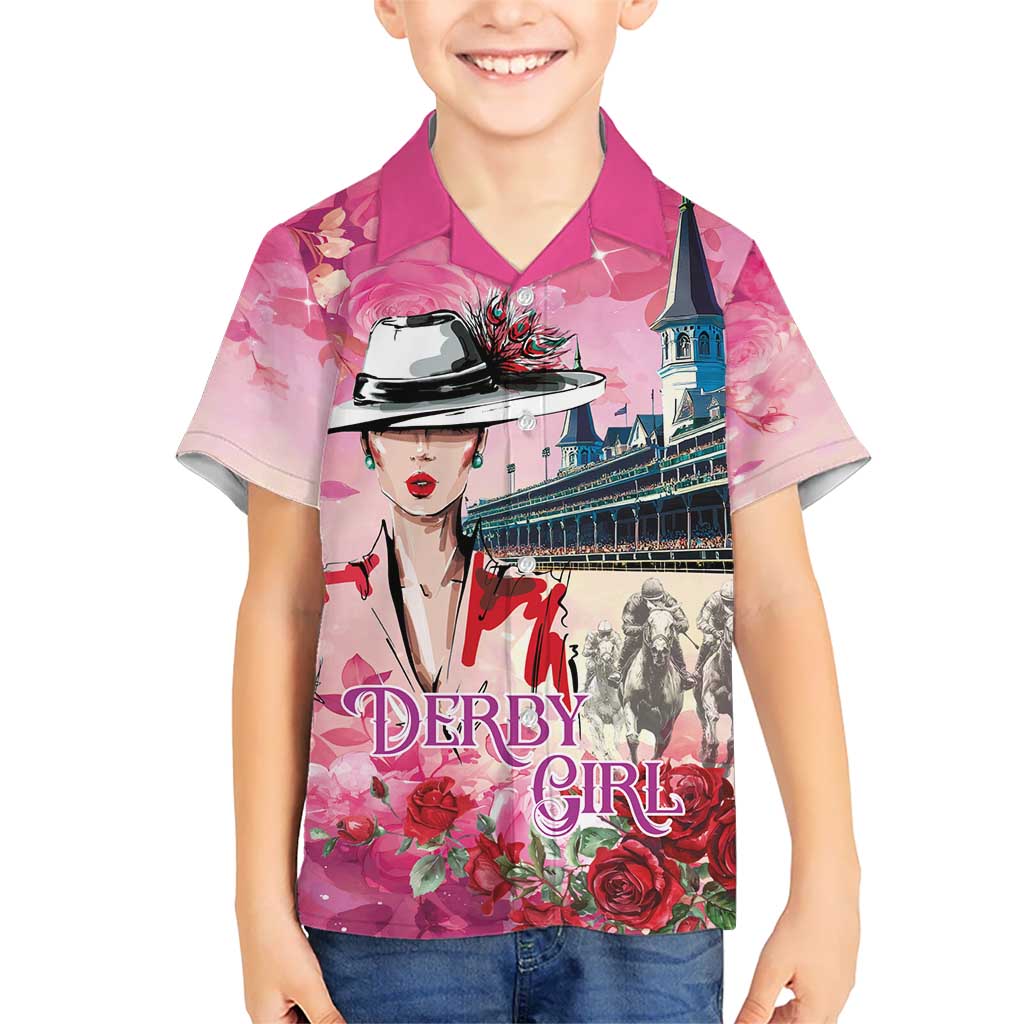 Kentucky Horses Racing Kid Hawaiian Shirt Churchill Downs Derby Girl Watercolor Style
