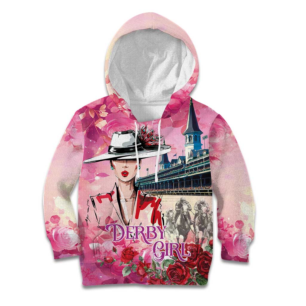 Kentucky Horses Racing Kid Hoodie Churchill Downs Derby Girl Watercolor Style