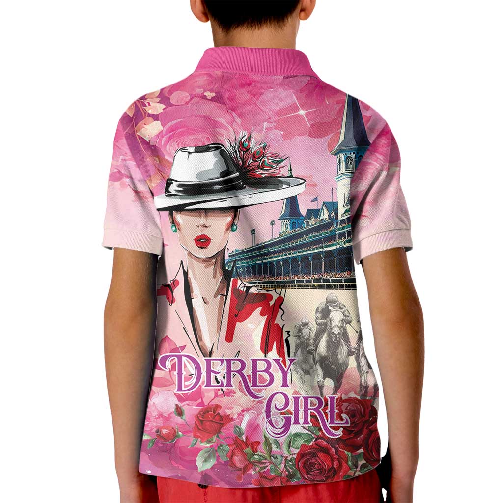 Kentucky Horses Racing Kid Polo Shirt Churchill Downs Derby Girl Watercolor Style
