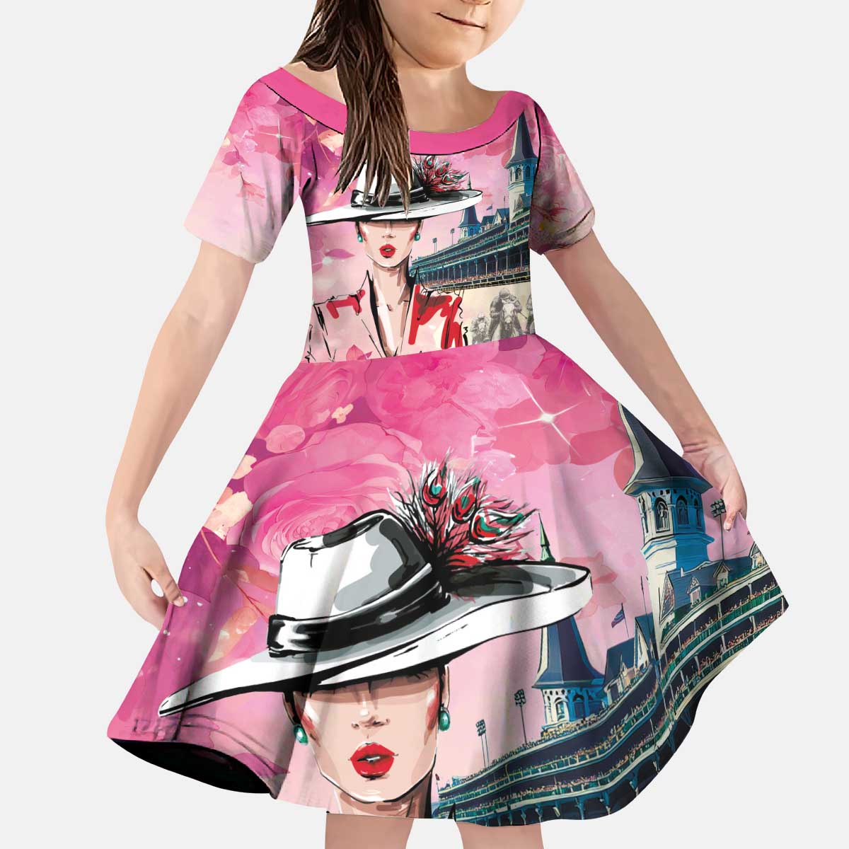 Kentucky Horses Racing Kid Short Sleeve Dress Churchill Downs Derby Girl Watercolor Style