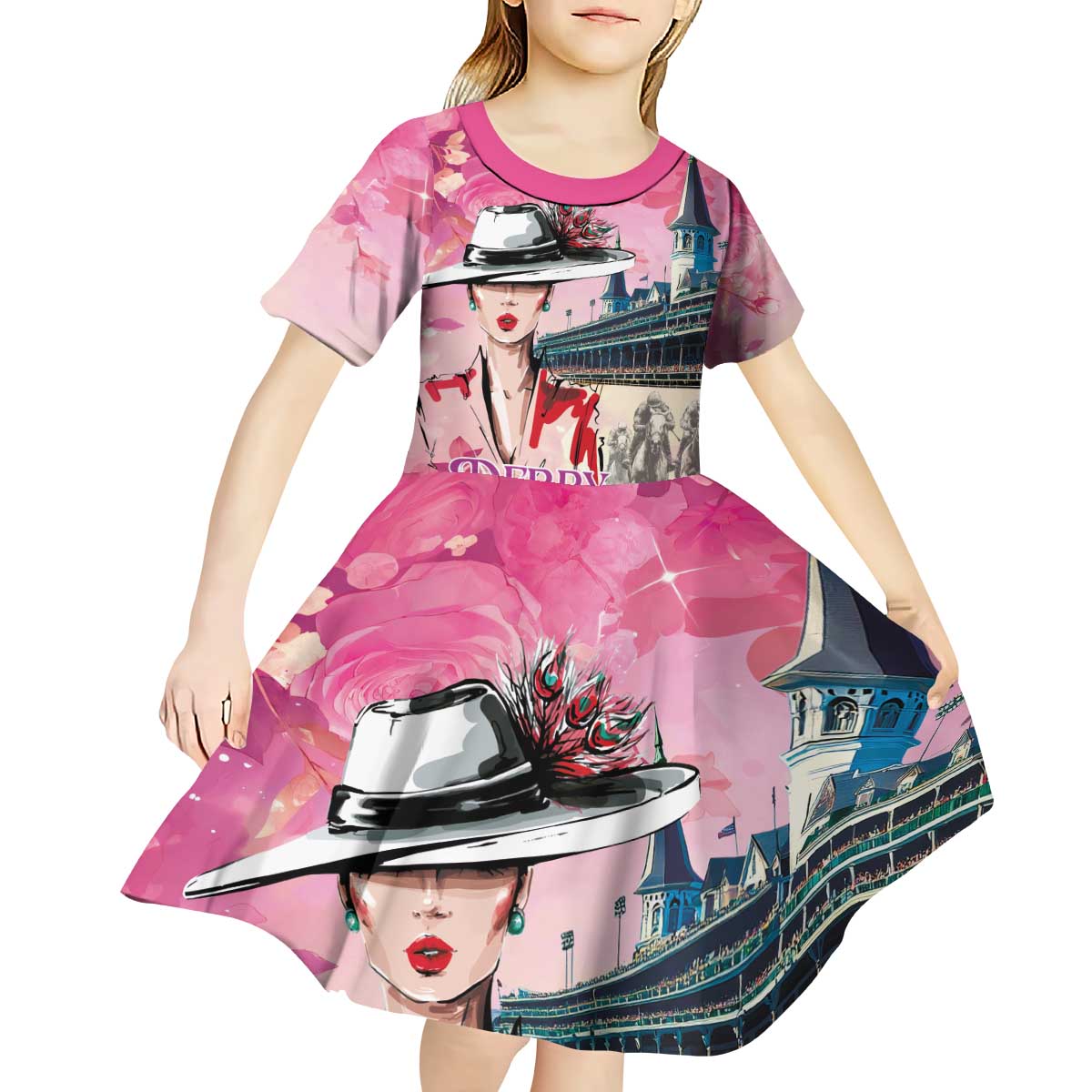Kentucky Horses Racing Kid Short Sleeve Dress Churchill Downs Derby Girl Watercolor Style