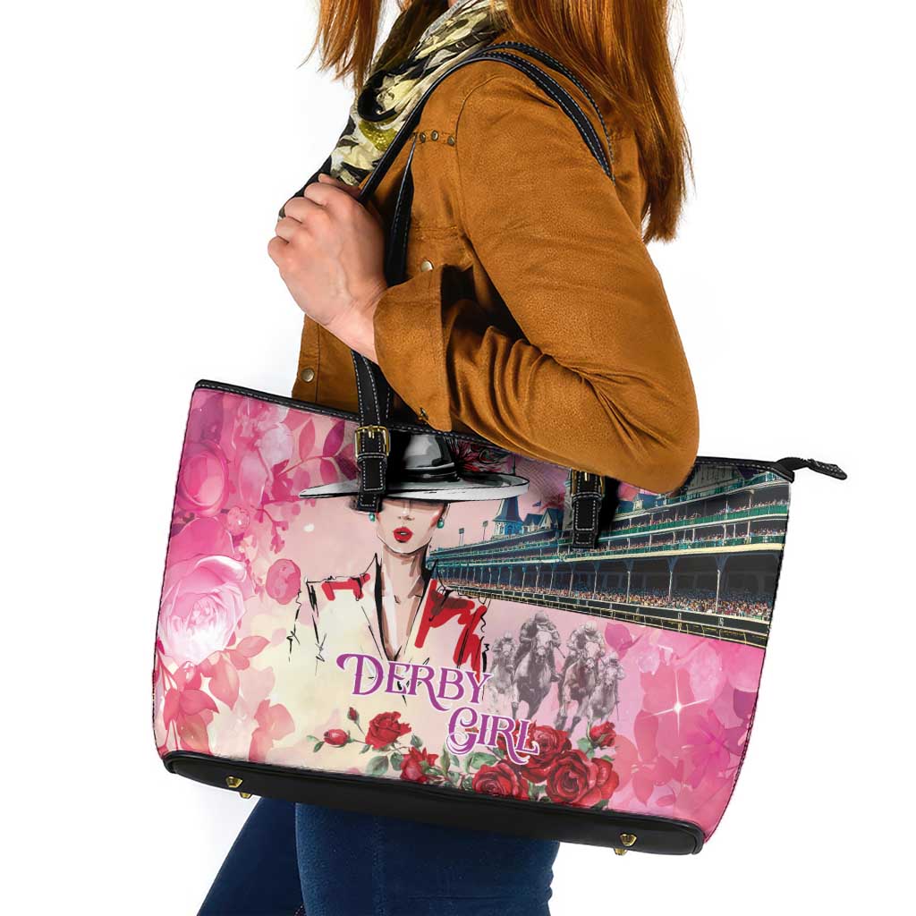 Kentucky Horses Racing Leather Tote Bag Churchill Downs Derby Girl Watercolor Style
