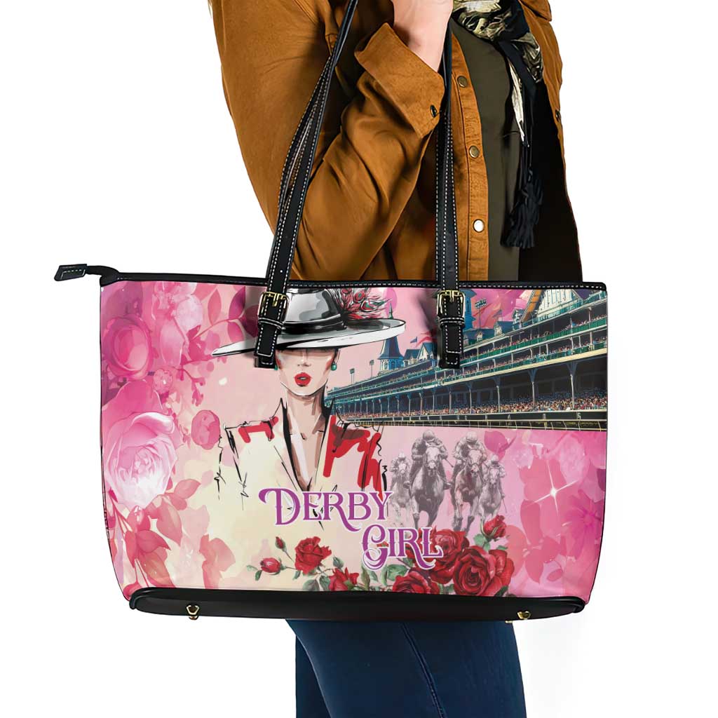 Kentucky Horses Racing Leather Tote Bag Churchill Downs Derby Girl Watercolor Style