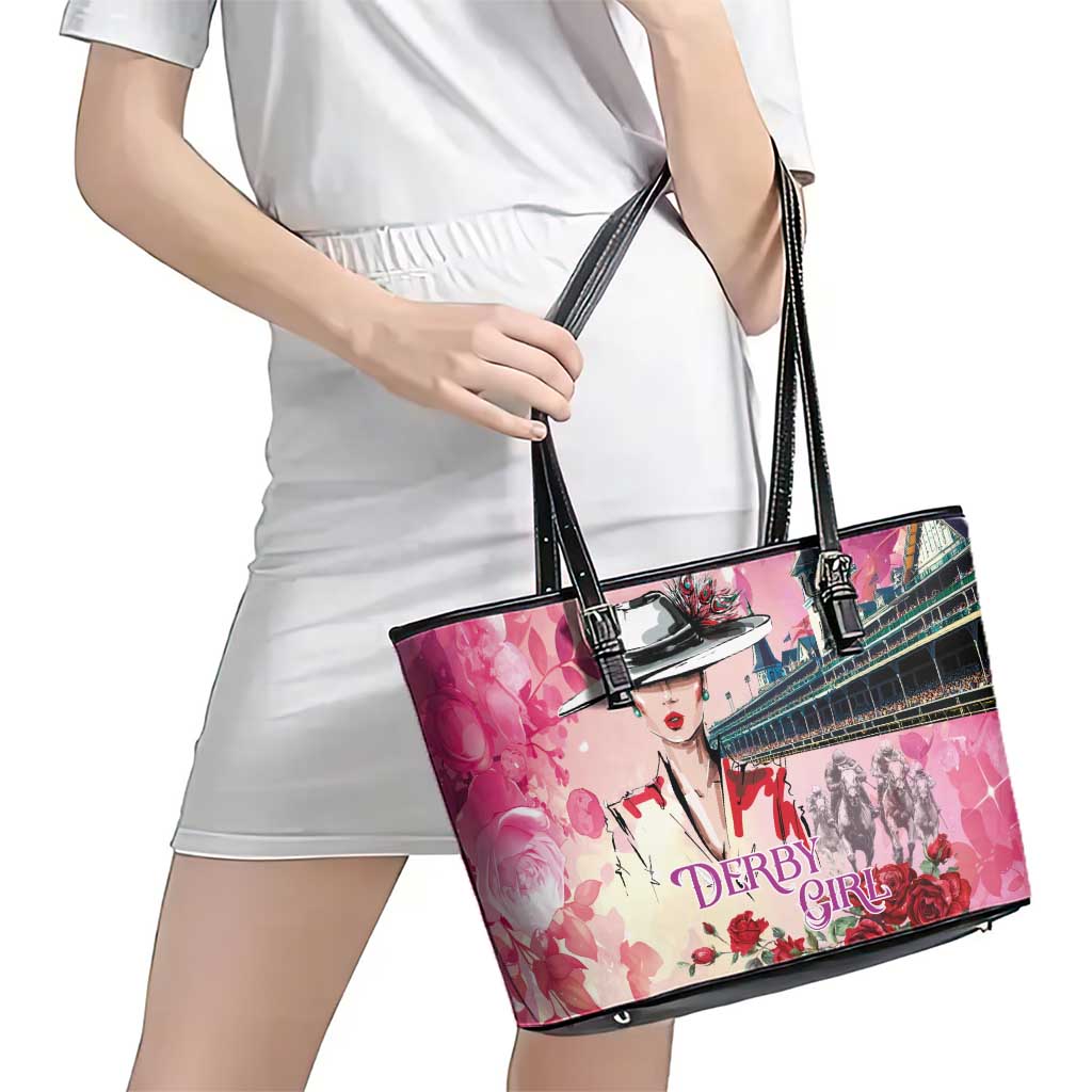 Kentucky Horses Racing Leather Tote Bag Churchill Downs Derby Girl Watercolor Style