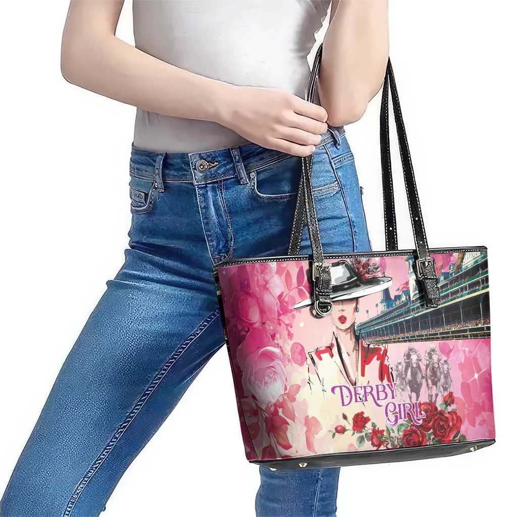 Kentucky Horses Racing Leather Tote Bag Churchill Downs Derby Girl Watercolor Style